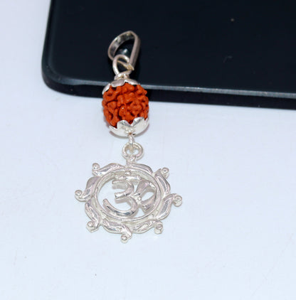 Vintage sterling silver Rudraksha bead pendant with AUM symbol, unisex tribal jewelry by TRIBAL ORNAMENTS