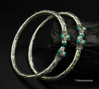 Vintage sterling silver foot kada anklet with blue turquoise stones, handmade tribal jewelry for belly dance and tribal fashion.