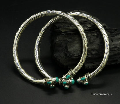 Vintage antique style 925 sterling silver foot kada anklet with blue turquoise stone, tribal jewelry for belly dance and tribal occasions.