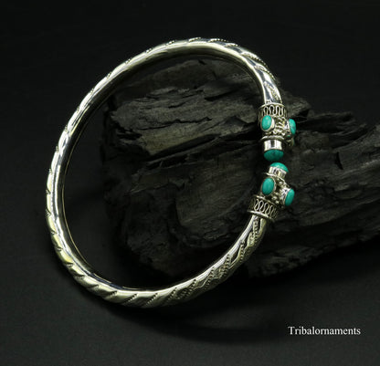 Vintage antique-style sterling silver foot kada anklet with blue turquoise stone, tribal jewelry for belly dance or tribal adornment