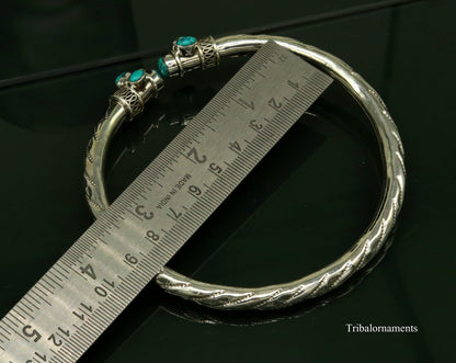 Vintage sterling silver foot anklet with blue turquoise stone, handmade tribal design, ideal for belly dance and tribal jewelry styles.