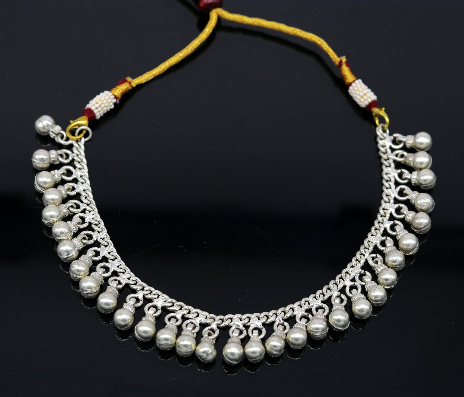 Vintage antique style charm noisy bells silver necklace with adjustable back threads, jingle bells charm necklace belly dance set145 - TRIBAL ORNAMENTS