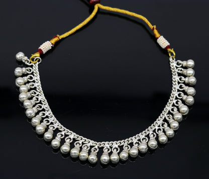 Vintage silver noisy bell necklace with adjustable back threads, charm design, perfect for belly dance jewelry by TRIBAL ORNAMENTS.