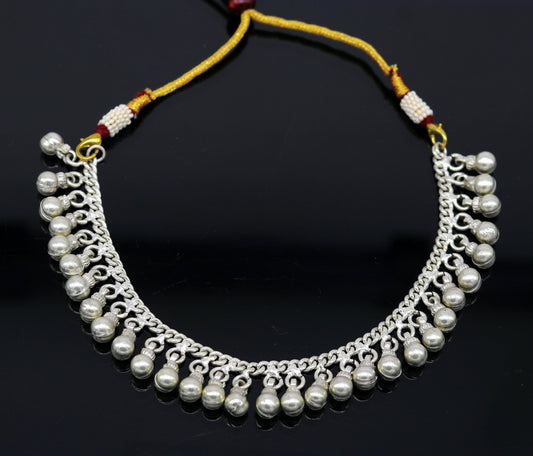 Vintage silver noisy bell necklace with adjustable back threads, charm design, perfect for belly dance jewelry by TRIBAL ORNAMENTS.