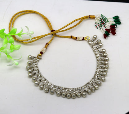 Vintage silver noisy bell necklace with adjustable back threads, tribal charm jewelry set for belly dance, by TRIBAL ORNAMENTS.