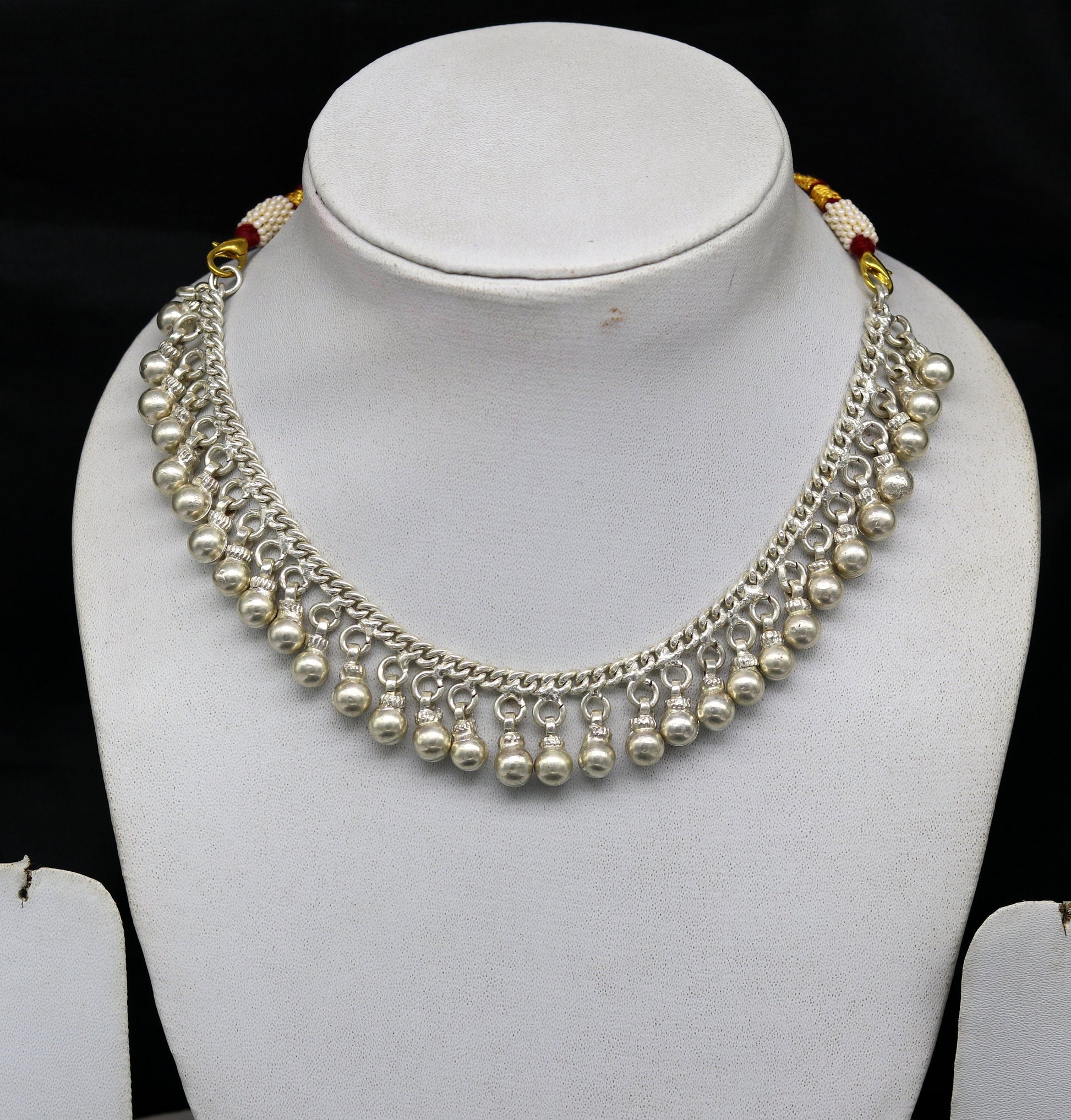 Vintage antique style charm noisy bells silver necklace with adjustable back threads, jingle bells charm necklace belly dance set145 - TRIBAL ORNAMENTS