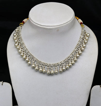 Vintage silver noise bells necklace with adjustable back threads, tribal charm for belly dance jewelry set.