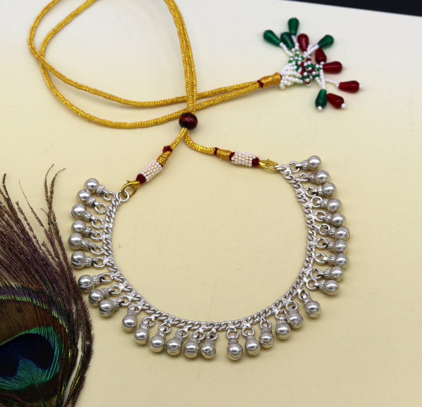 Vintage antique style charm noisy bells silver necklace with adjustable back threads, jingle bells charm necklace belly dance set145 - TRIBAL ORNAMENTS