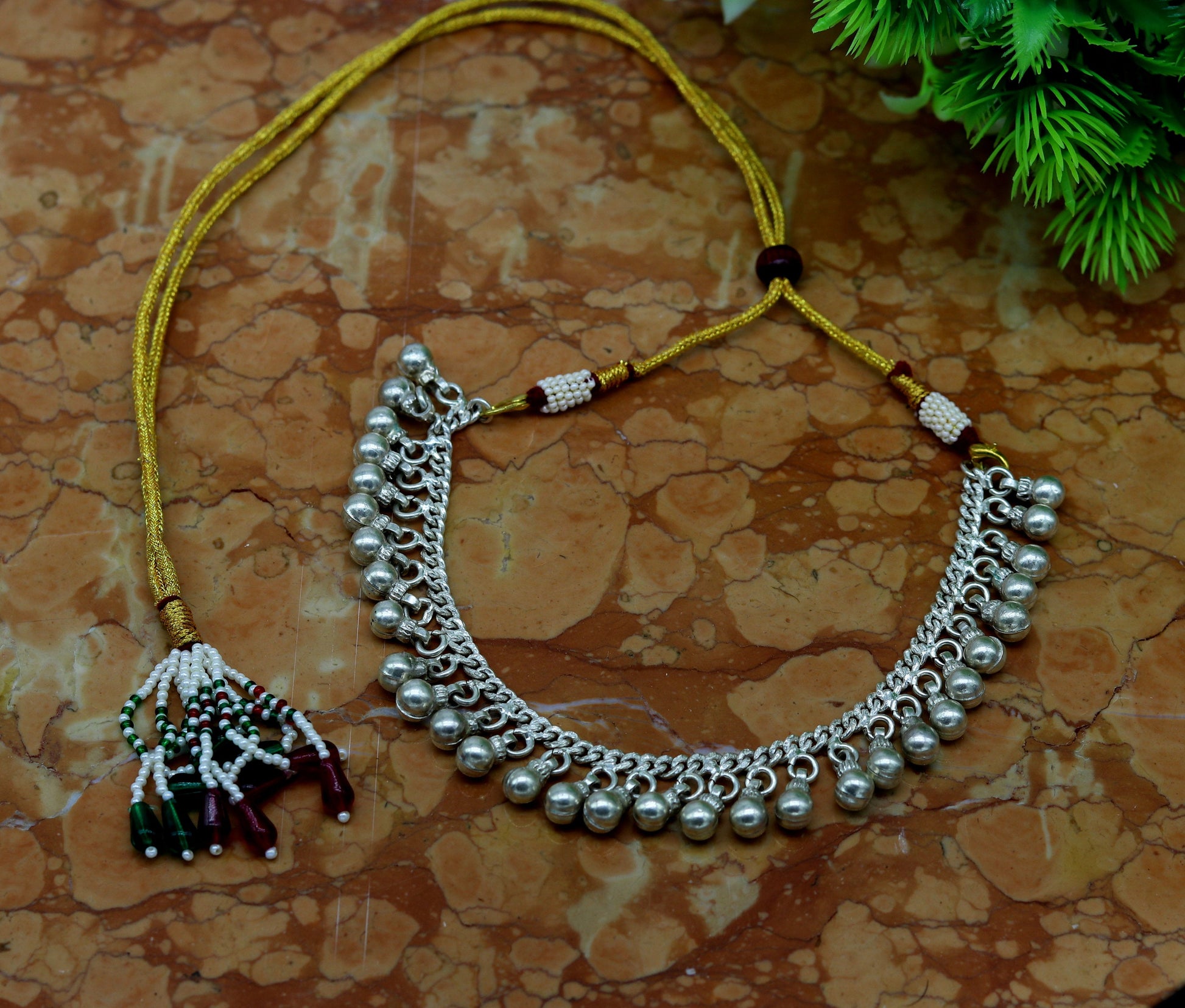 Vintage antique style charm noisy bells silver necklace with adjustable back threads, jingle bells charm necklace belly dance set145 - TRIBAL ORNAMENTS