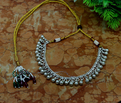 Vintage silver noisy bells belly dance necklace with adjustable back threads, featuring charm and jingle bells, by Tribal Ornaments.