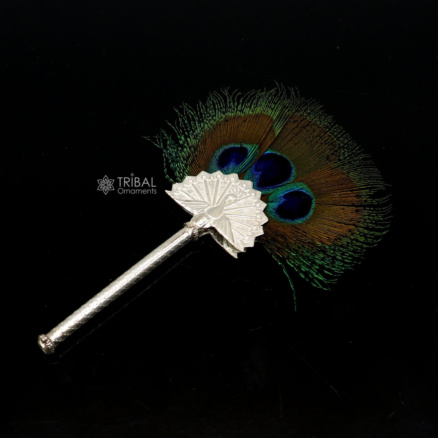 Vintage antique style handmade Mor chhadi, with peacock feather, best lord krishna laddu gopal gift, silver pankhi silver mor chadi su1289 - TRIBAL ORNAMENTS
