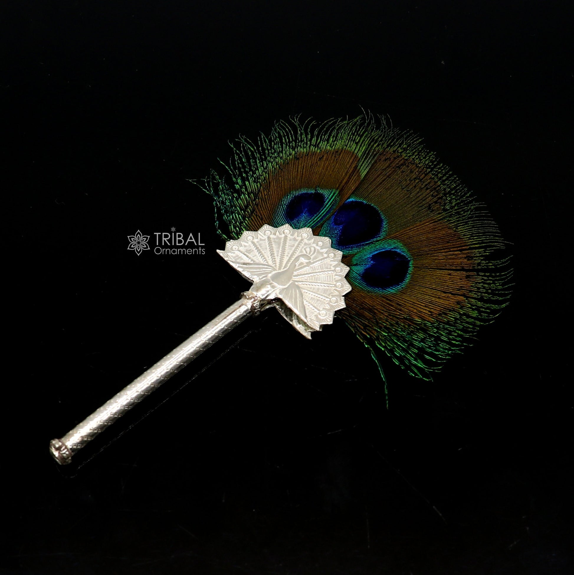 Vintage antique style handmade Mor chhadi, with peacock feather, best lord krishna laddu gopal gift, silver pankhi silver mor chadi su1289 - TRIBAL ORNAMENTS