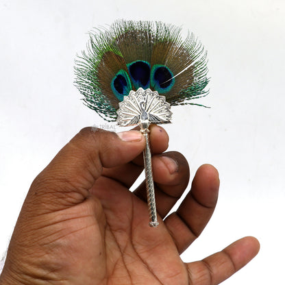 Vintage antique style handmade Mor chhadi, with peacock feather, best lord krishna laddu gopal gift, silver pankhi silver mor chadi su1289 - TRIBAL ORNAMENTS