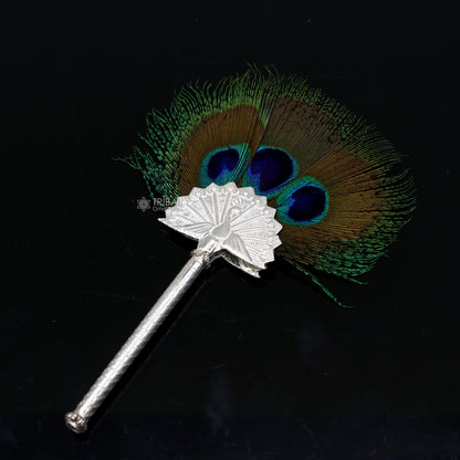 Vintage antique style handmade Mor chhadi, with peacock feather, best lord krishna laddu gopal gift, silver pankhi silver mor chadi su1289 - TRIBAL ORNAMENTS