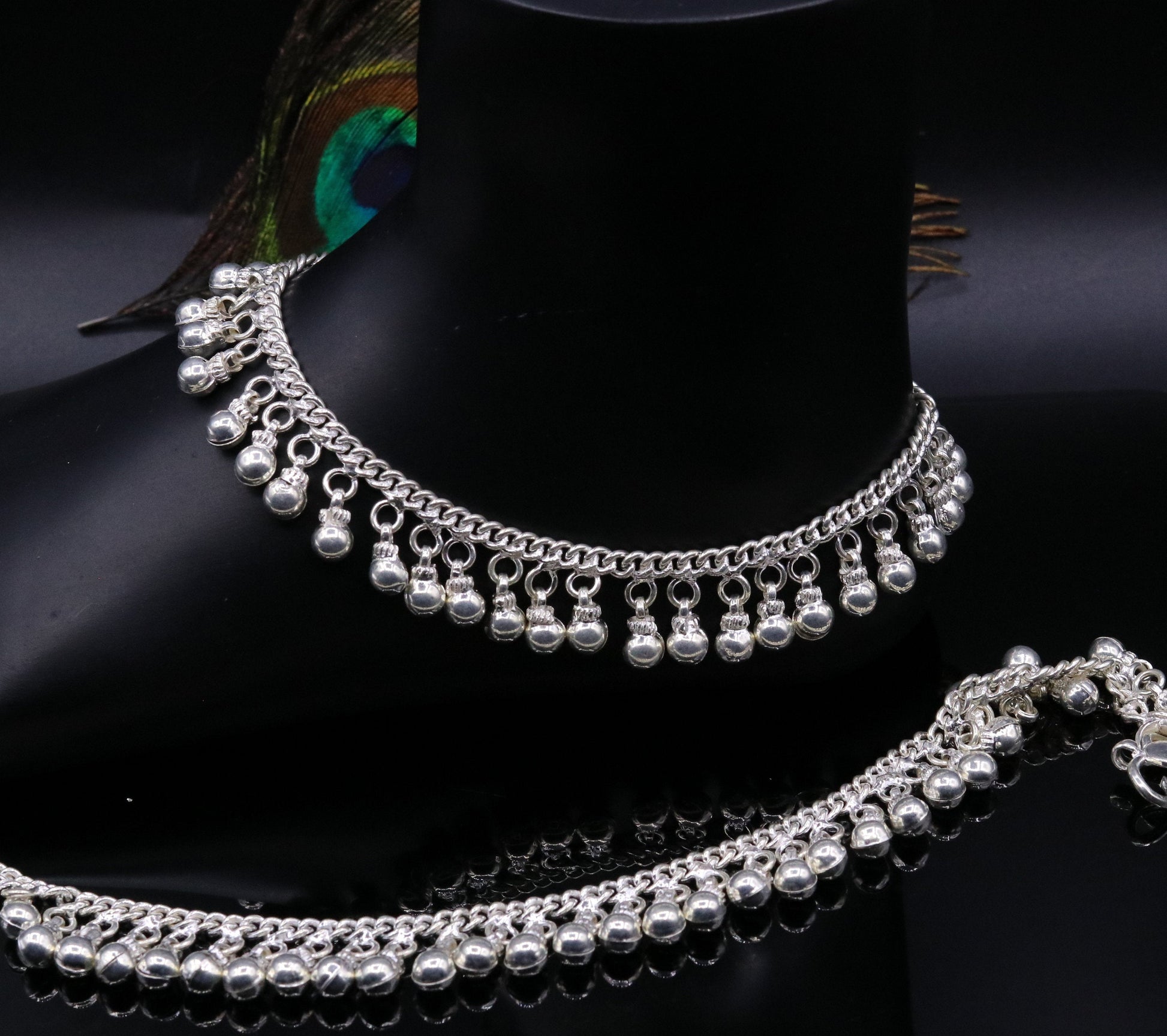 Vintage sterling silver ankle bracelet with solid chain and jingle bells, handmade tribal jewelry for ankle adornment.