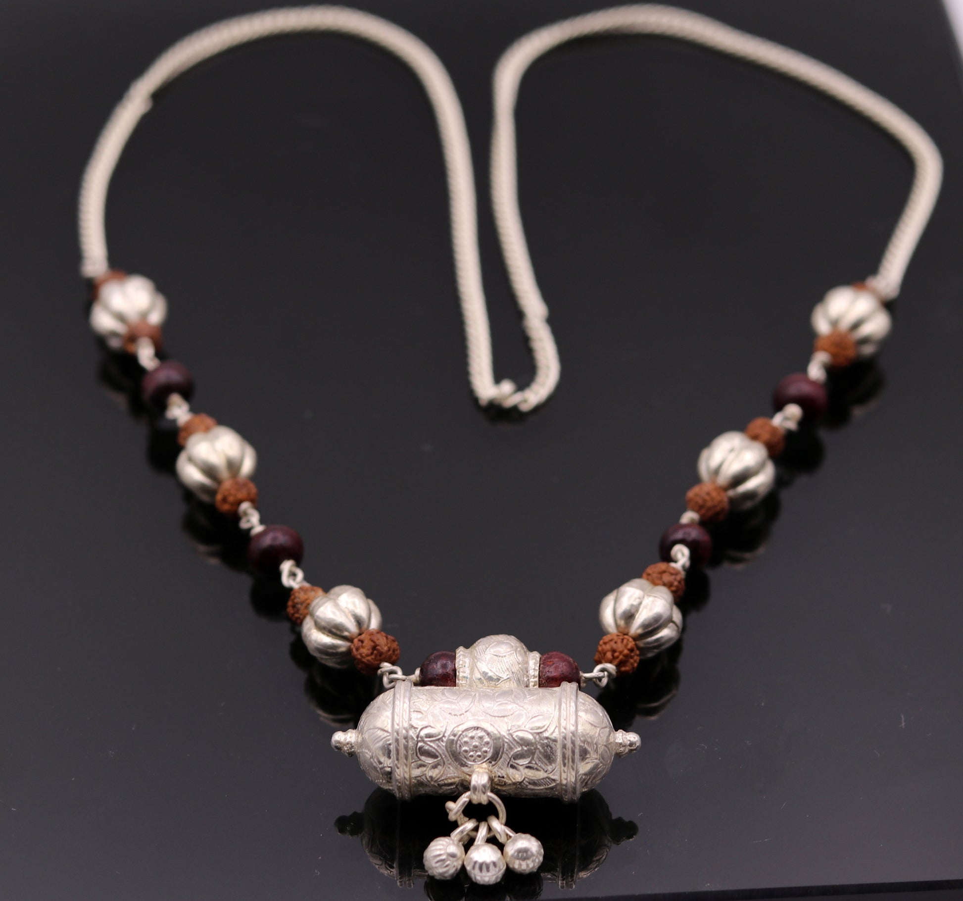 Vintage antique used sterling silver handmade necklace with Rudraksha beads and silver beads necklace tribal jewelry from india set64 - TRIBAL ORNAMENTS