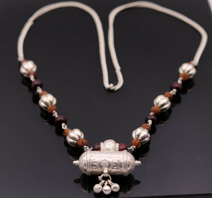 Vintage antique used sterling silver handmade necklace with Rudraksha beads and silver beads necklace tribal jewelry from india set64 - TRIBAL ORNAMENTS