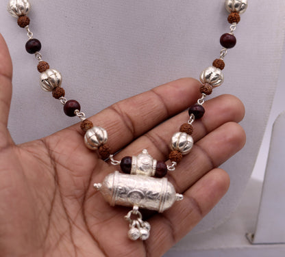 Vintage antique used sterling silver handmade necklace with Rudraksha beads and silver beads necklace tribal jewelry from india set64 - TRIBAL ORNAMENTS