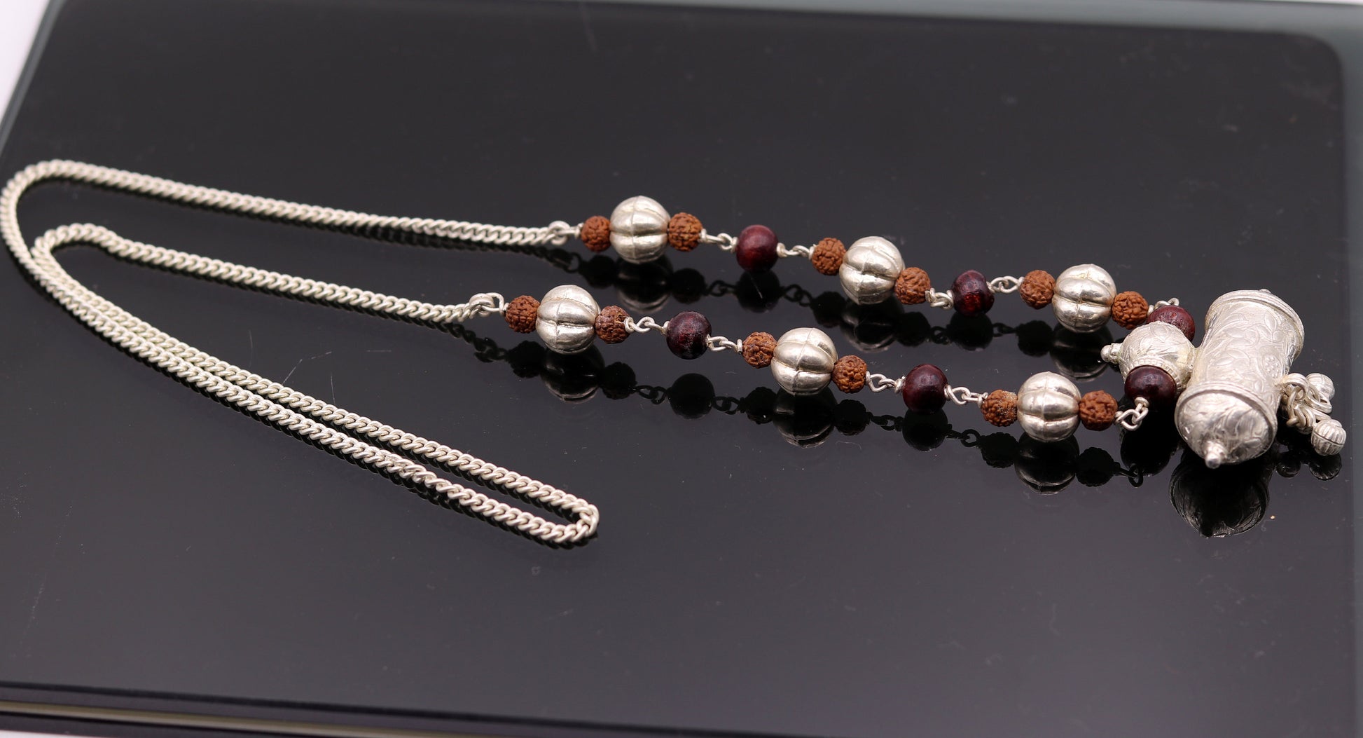 Vintage antique used sterling silver handmade necklace with Rudraksha beads and silver beads necklace tribal jewelry from india set64 - TRIBAL ORNAMENTS