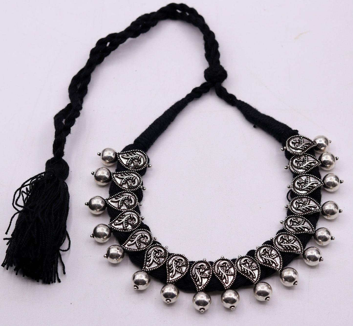 Vintage customized design 925 sterling silver charm necklace and tribal jewelry set with adjustable choker and intricate tribal details.