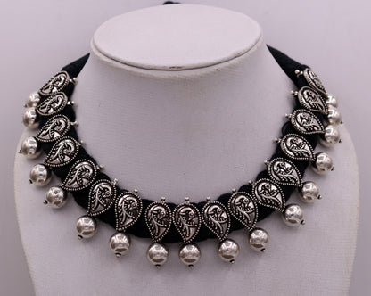 Vintage customized tribal charm necklace set in 925 sterling silver, featuring adjustable choker and belly dance-inspired jewelry set.