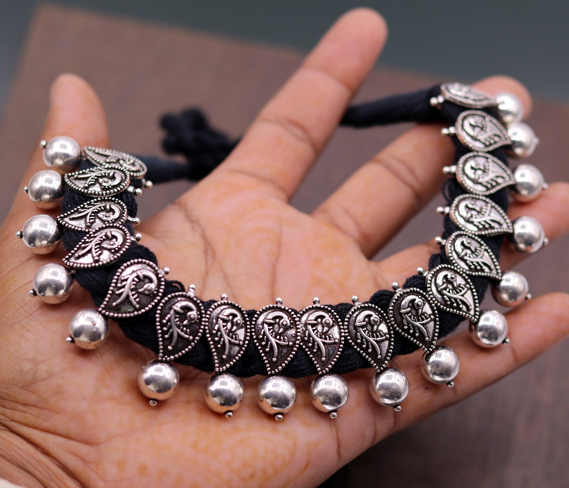 Vintage customized design 925 sterling silver charm necklace and tribal jewelry set with adjustable choker and intricate tribal details.