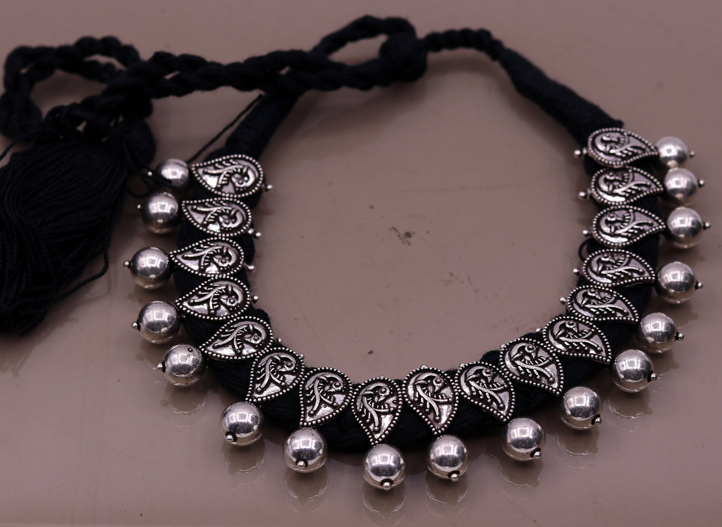 Vintage customized 925 sterling silver charm necklace from Tribal Ornaments, adjustable tribal jewelry set with intricate handmade design.