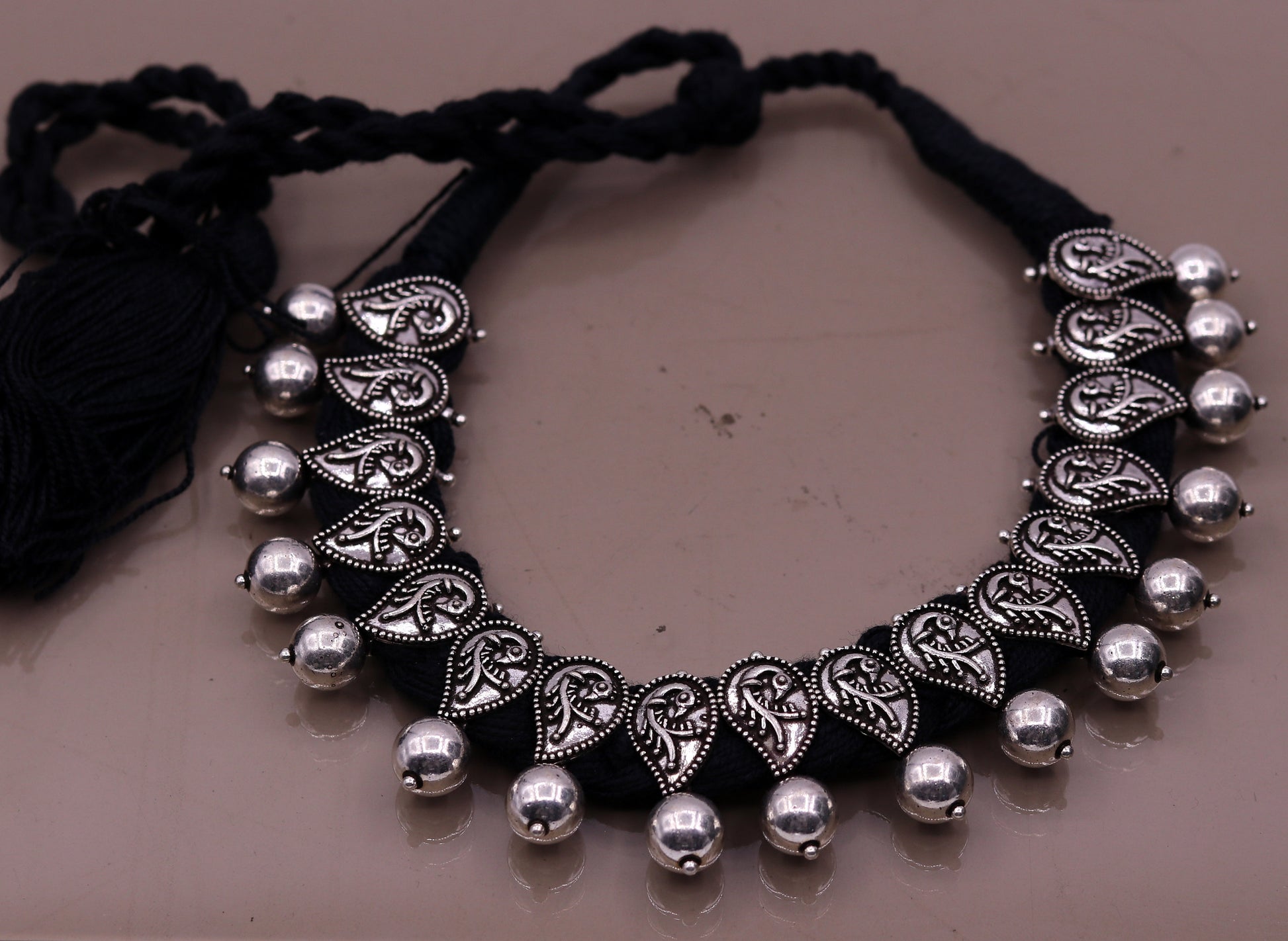 Vintage customized 925 sterling silver charm necklace from Tribal Ornaments, adjustable tribal jewelry set with intricate handmade design.