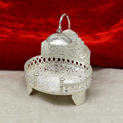 Vintage sterling silver Sinhasan throne for Krishna Bal Gopala idol, detailed temple art stand for religious puja ceremonies.