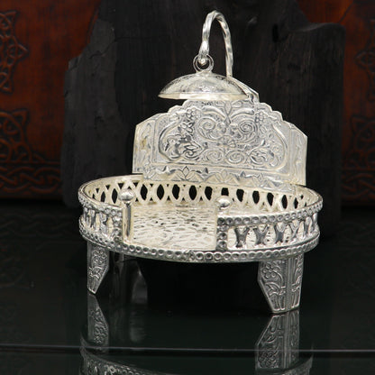 Sterling silver Sinhasan throne for Krishna Bal Gopala idol, vintage design temple stand, detailed silver god statue support.