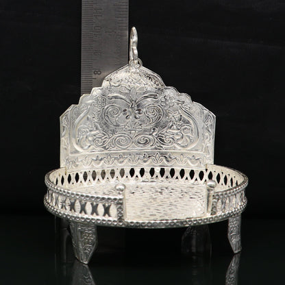 Vintage sterling silver Krishna Bal Gopala idol throne stand, intricate temple art and puja accessory with traditional design.