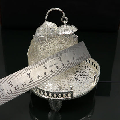 Vintage sterling silver Krishna Bal Gopala idol throne, temple stand chair designed for deity statues and puja rituals.