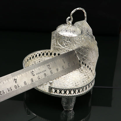 Vintage sterling silver Sinhasan throne stand for Krishna Bal Gopala idol, temple art, and puja decor by Tribal Ornaments.