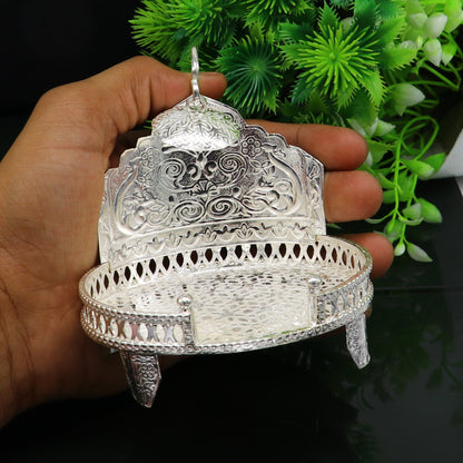 Vintage sterling silver Krishna Bal Gopala throne stand, intricately designed temple art for idol puja, by TRIBAL ORNAMENTS.