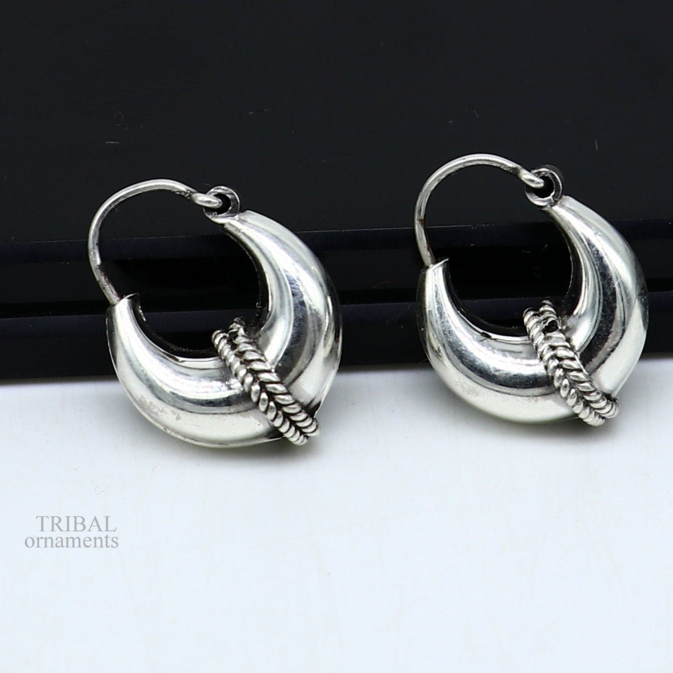 Vintage Design 925 sterling silver fabulous hoops earring, tribal kundal earring from Rajasthan India, best gifting unisex jewelry ear1048 - TRIBAL ORNAMENTS