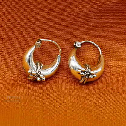 Vintage tribal 925 sterling silver hoops earrings from Rajasthan, featuring intricate design, unisex jewelry by Tribal Ornaments.