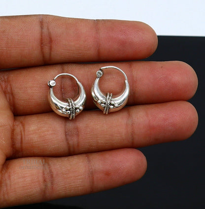 Silver tribal hoops earring with vintage design, handcrafted 925 sterling silver from Rajasthan India, unisex jewelry, tribal ornament style