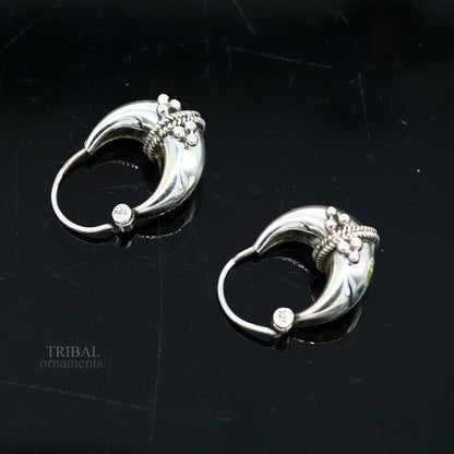Vintage Tribal Ornaments 925 silver hoops earrings with Rajasthan-inspired tribal design, unisex sterling silver jewelry.