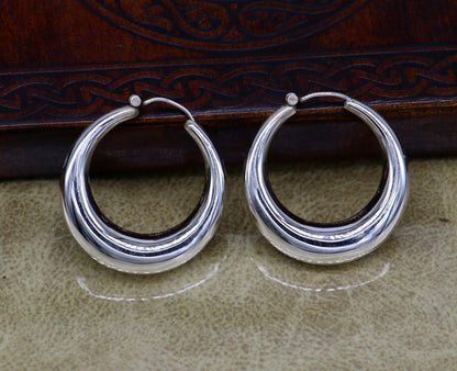 Vintage tribal sterling silver hoops earrings from Rajasthan India, unisex kundal design, handcrafted jewelry by TRIBAL ORNAMENTS.