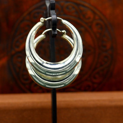 Vintage tribal silver hoops earrings from Rajasthan, 925 sterling silver, unisex jewelry with intricate design, perfect for gifting.