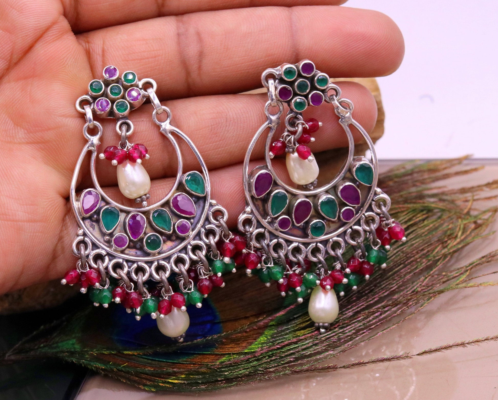Vintage design 925 sterling silver handmade Gemstone stud earring drop dangling best design charm earrings hanging pearl tribal jewelry s715 - TRIBAL ORNAMENTS