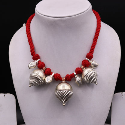 Vintage sterling silver tribal necklace set with intricate handmade design, perfect for belly dance and traditional Rajasthan jewelry.