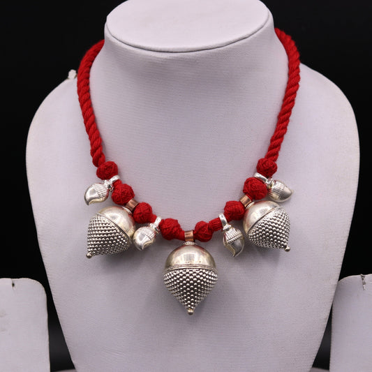 Vintage sterling silver tribal necklace set with intricate handmade design, perfect for belly dance and traditional Rajasthan jewelry.