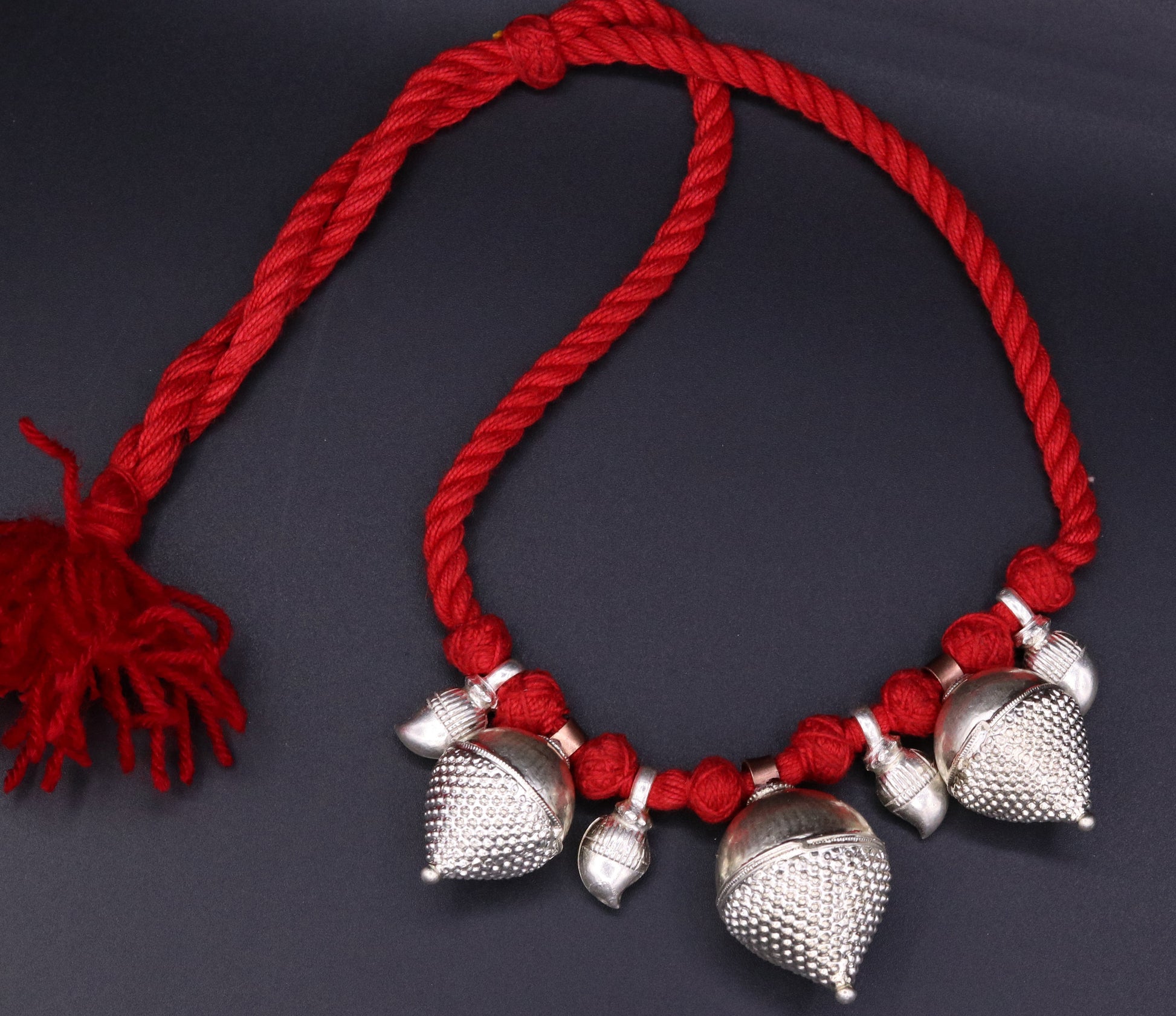Vintage sterling silver tribal necklace and belly dance jewelry set by TRIBAL ORNAMENTS, featuring intricate handmade Banjara design from Rajasthan.