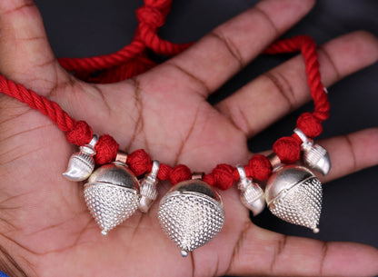 Vintage sterling silver tribal necklace and belly dance jewelry set from Rajasthan, featuring intricate handcrafted Banjara design.
