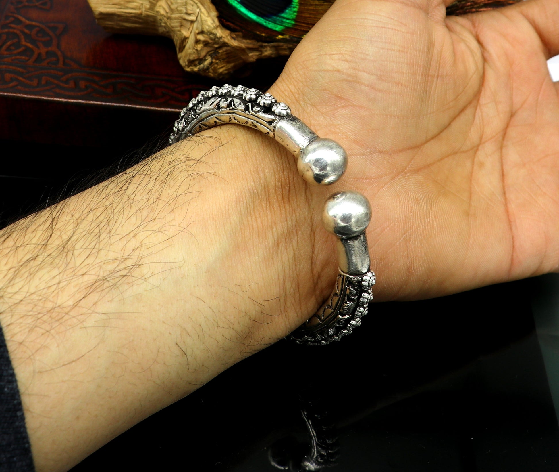 Vintage design customize tribal design chitai work kandrai work stylish cuff bracelet bangle kada, 925 sterling silver jewelry nssk307 - TRIBAL ORNAMENTS