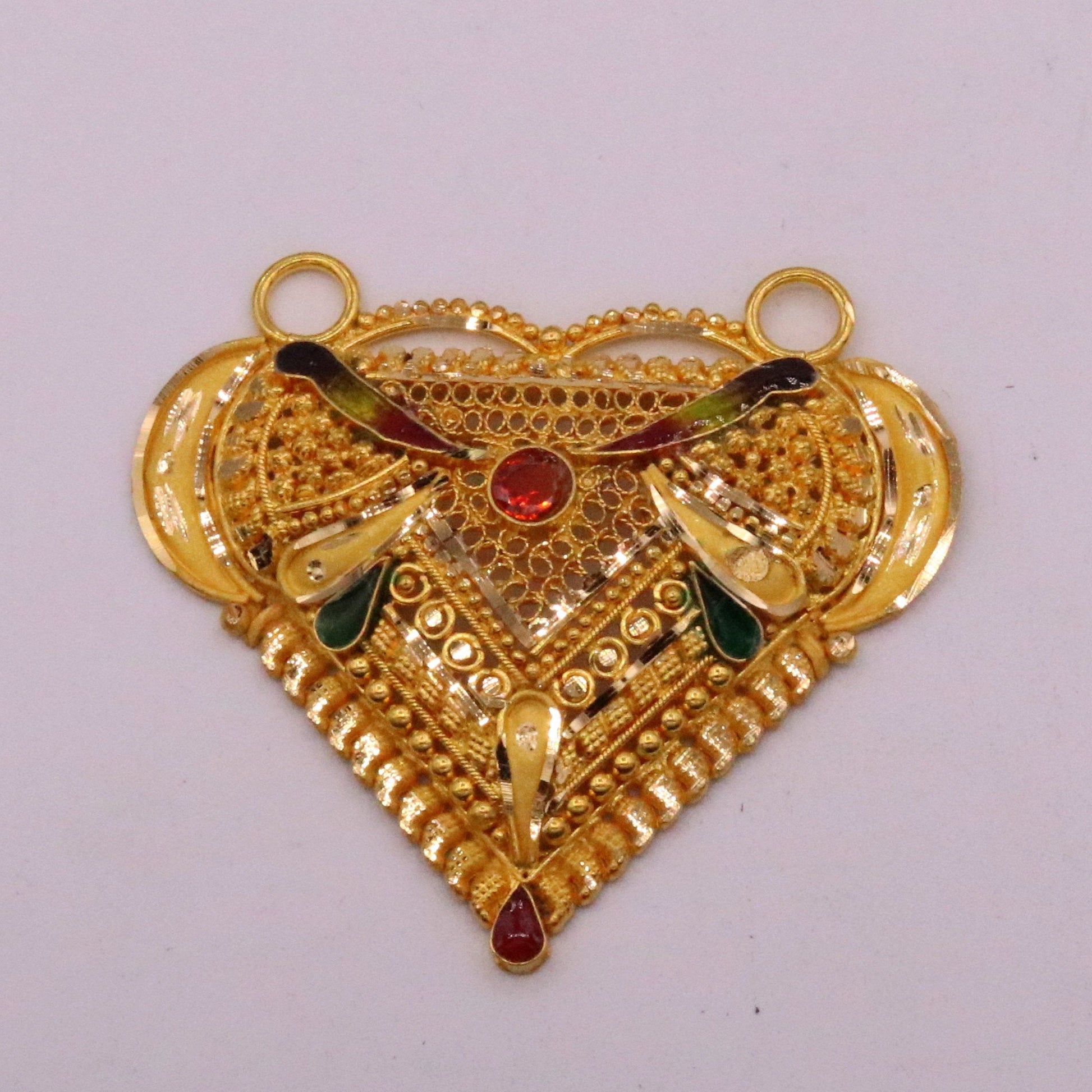 Vintage design Genuine certified 22kt yellow gold filigree work meenakari pendant necklace traditional art of indian tribal jewelry gp13 - TRIBAL ORNAMENTS