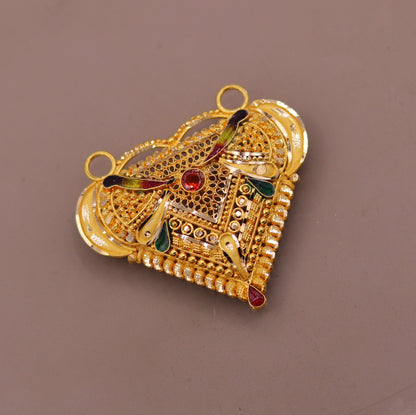 Vintage 22KT yellow gold filigree Meenakari pendant with traditional Indian tribal design, crafted by Tribal Ornaments.