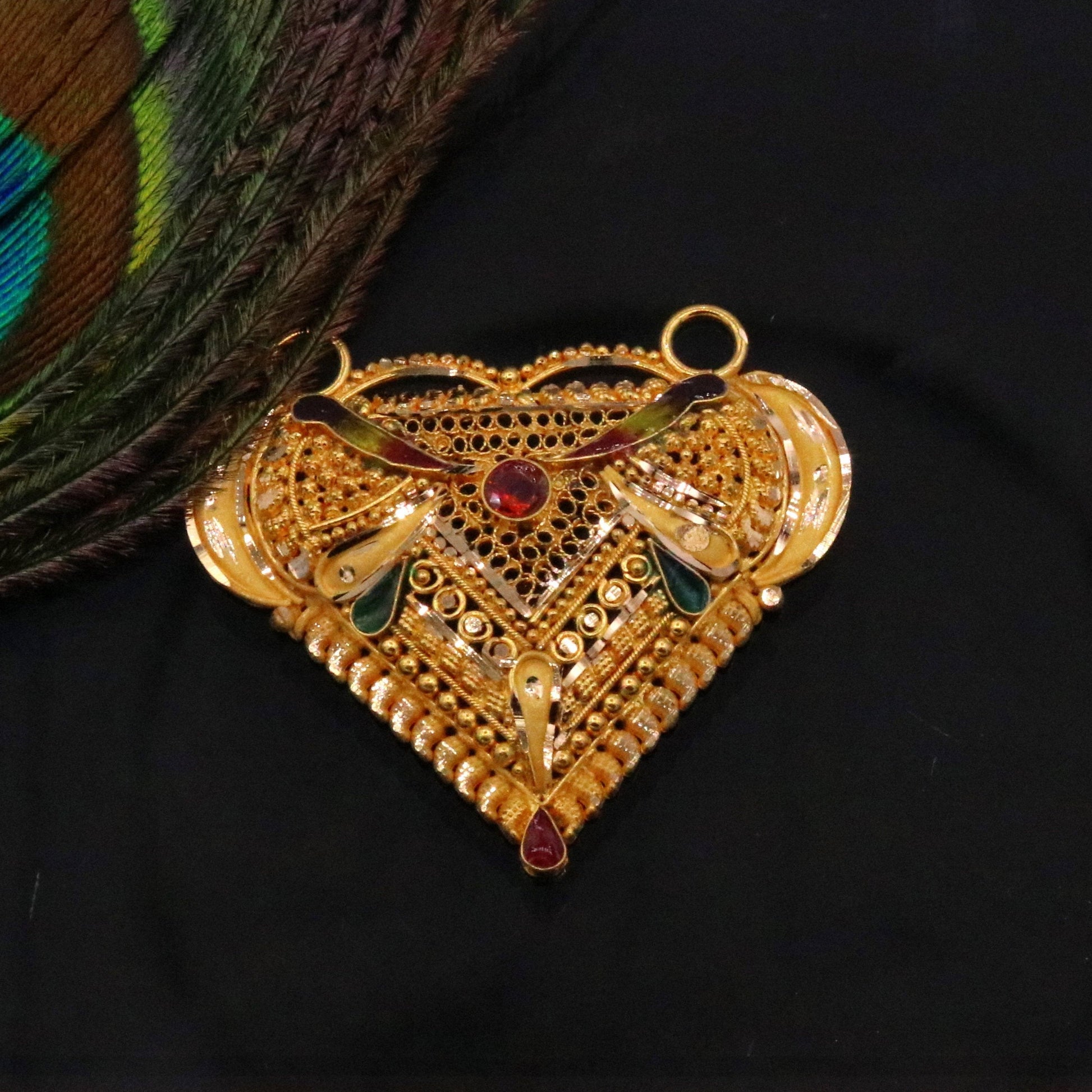 Vintage design Genuine certified 22kt yellow gold filigree work meenakari pendant necklace traditional art of indian tribal jewelry gp13 - TRIBAL ORNAMENTS