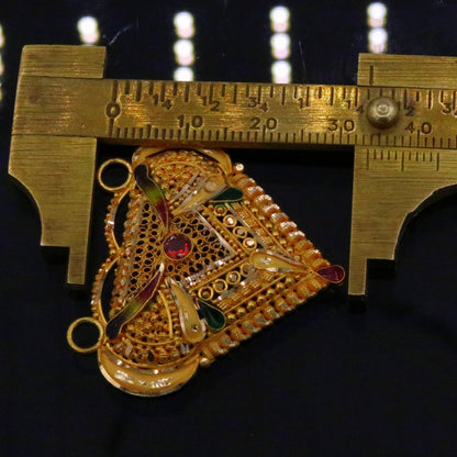 Vintage 22KT yellow gold filigree Meenakari pendant featuring intricate traditional Indian tribal jewelry design.